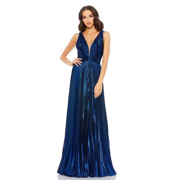 Mac Duggal 50640 Pleated Plung Formal Metallic Gown Sapphire Size 4 NWT